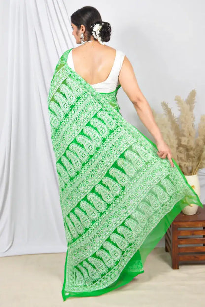 Fabnuma Handcrafted Green Halfjaal Georgette Lucknowi Chikankari Saree with Blouse