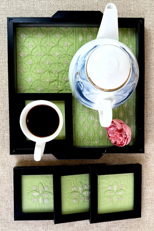 Green Cotton Handcrafted Lucknowi Chikankari Tray & Tea Coaster Set With hand-embroidered Lucknowi Chikankari