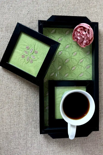 Green Handcrafted Lucknowi Chikankari Tray & Tea Coaster Set With hand-embroidered Lucknowi Chikankari