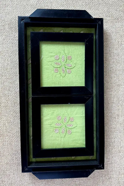 Green Handcrafted Lucknowi Chikankari Tray & Tea Coaster Set With hand-embroidered Lucknowi Chikankari