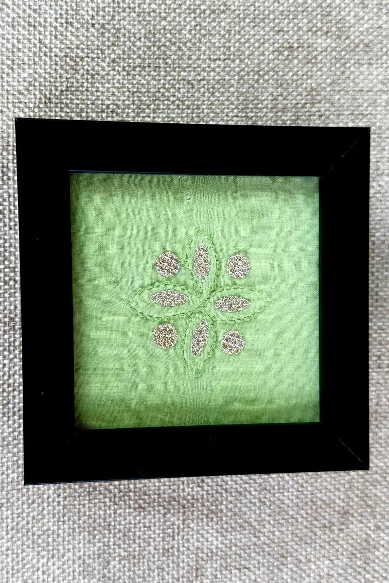 Green Cotton Handcrafted Lucknowi Chikankari Tray & Tea Coaster Set With hand-embroidered Lucknowi Chikankari
