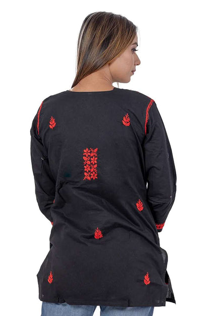 Fabnuma Handcrafted Chikankari Black Cotton Short Top featuring red embroidered details on the back in traditional style.