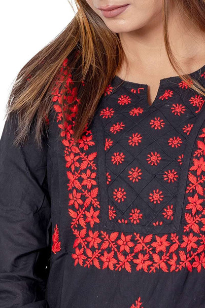 Fabnuma Handcrafted Chikankari Black Cotton Short Top with intricate red floral embroidery on black cotton fabric.
