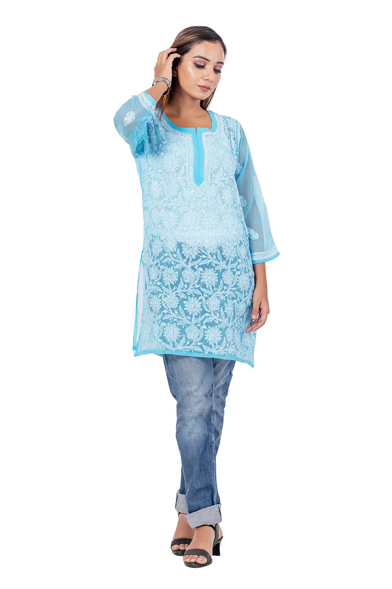 Fabnuma Handcrafted Chikankari Sky Blue Georgette Short Top worn by model with intricate embroidery details.