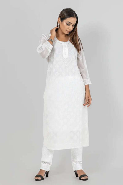 Memaana Handcrafted  Chikankari White Georgette Kurti - Memaana