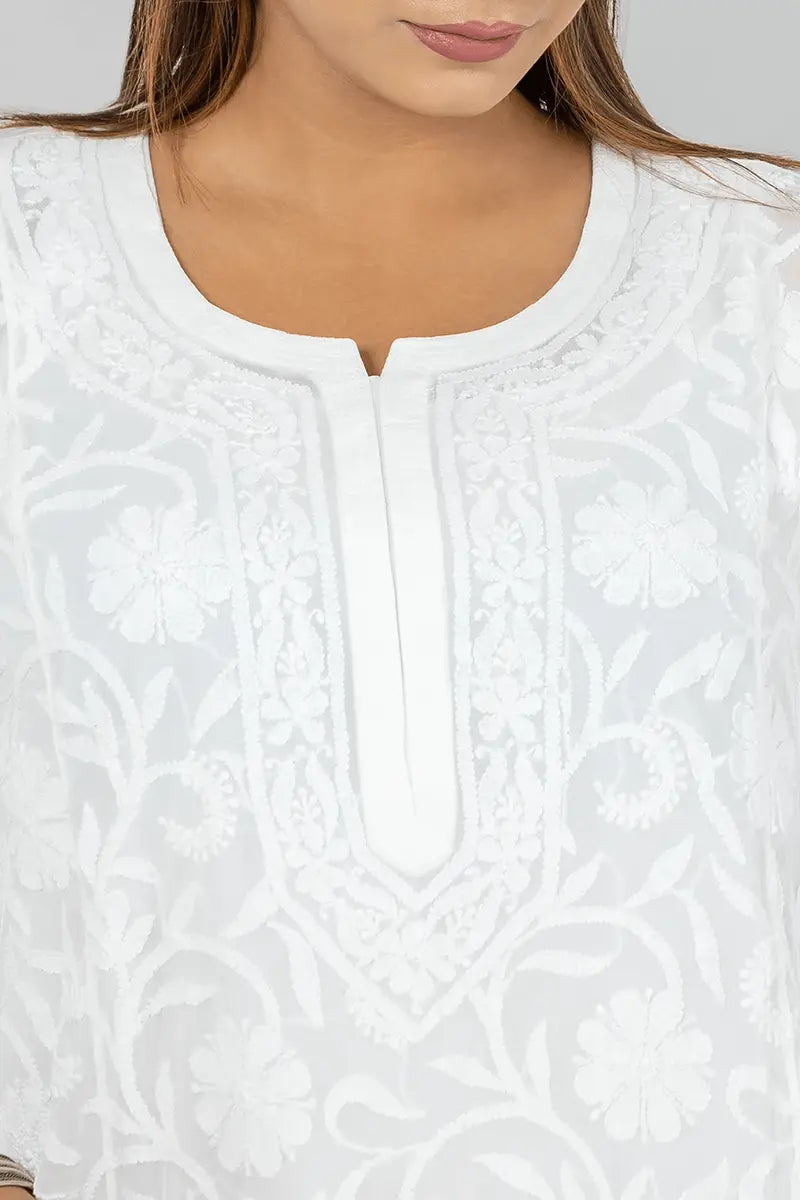 Memaana Handcrafted  Georgette White Chikankari Kurti - Memaana