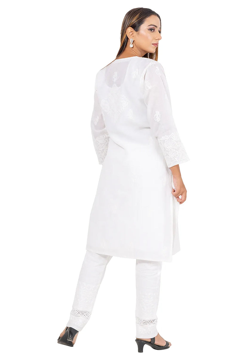 Fabnuma Handcrafted  Chikankari Cotton White Kurti - Fabnuma