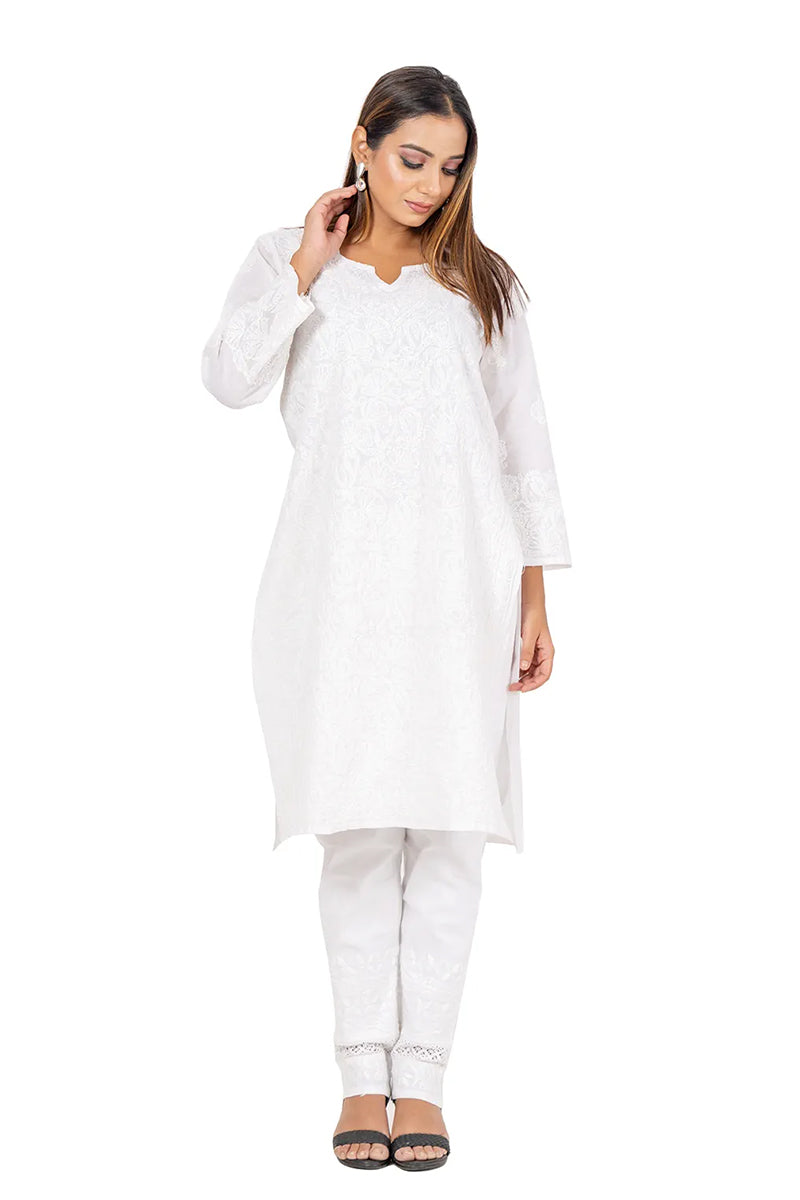 Fabnuma Handcrafted  Chikankari Cotton White Kurti - Fabnuma