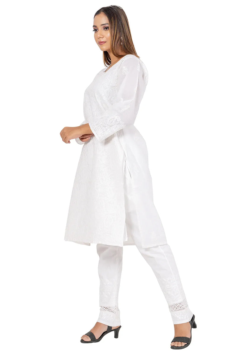 Fabnuma Handcrafted  Chikankari Cotton White Kurti - Fabnuma