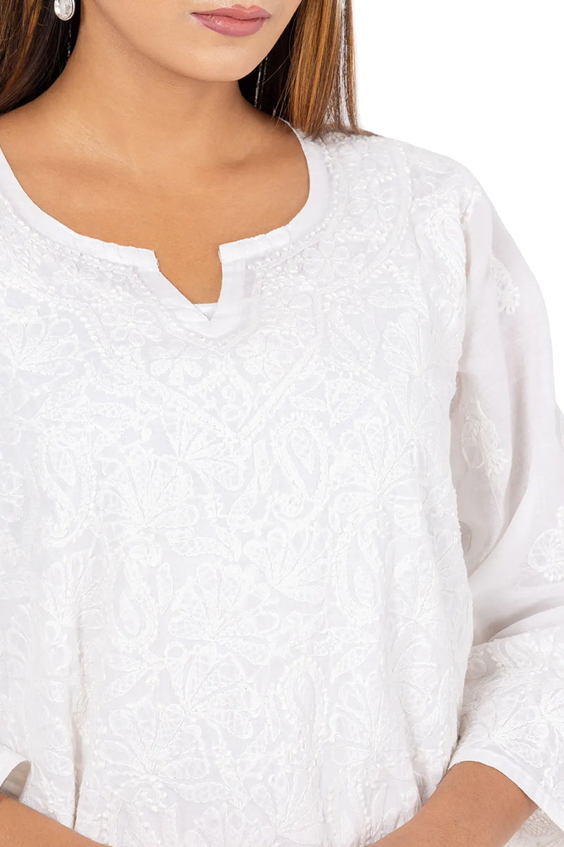 Fabnuma Handcrafted  Chikankari Cotton White Kurti - Fabnuma