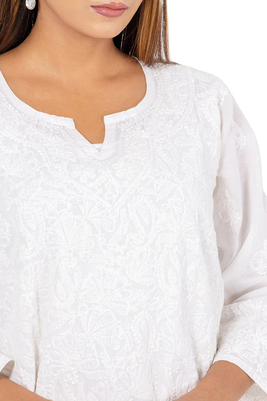 Fabnuma Handcrafted  Chikankari Cotton White Kurti - Fabnuma
