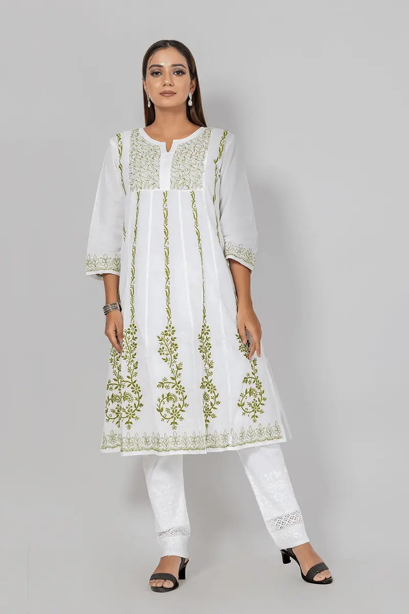 Memaana Handcrafted  Chikankari White Cotton Kurti - Memaana