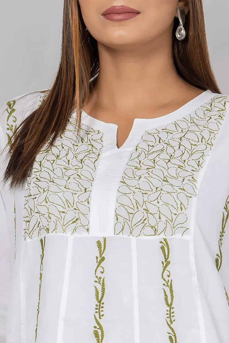 Memaana Handcrafted  Chikankari White Cotton Kurti - Memaana