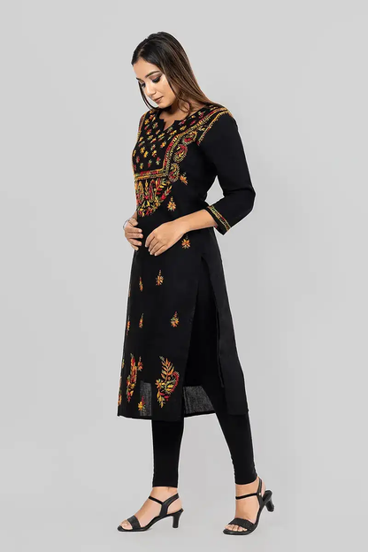 Fabnuma Handcrafted  Chikankar Black Cotton Designer Kurti - Fabnuma