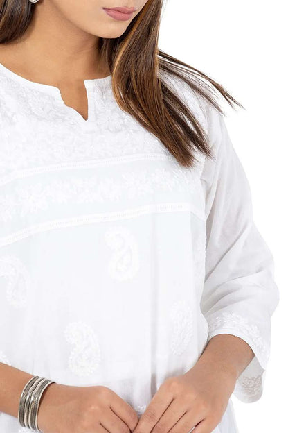 Fabnuma Handcrafted Chikankari White Short Cotton Kurti with intricate embroidery and soft breathable fabric.
