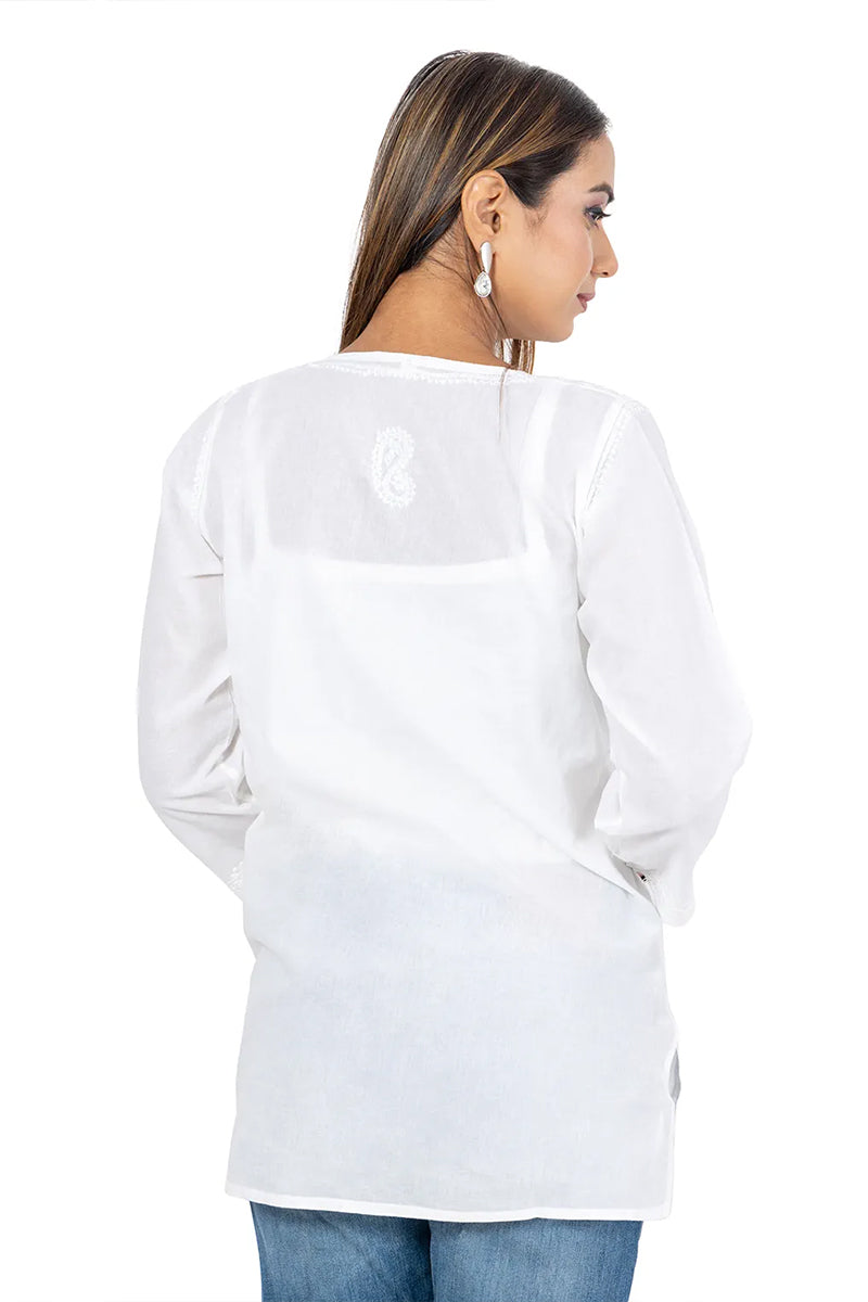 Fabnuma Handcrafted Chikankari White Short Cotton Kurti shown from back with detailed embroidery and long sleeves.