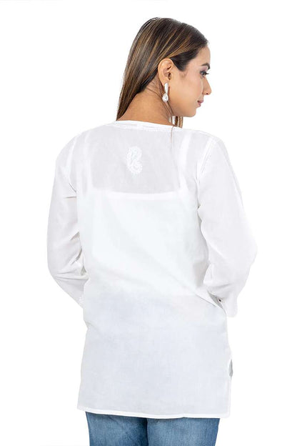 Fabnuma Handcrafted Chikankari White Short Cotton Kurti shown from back with detailed embroidery and long sleeves.