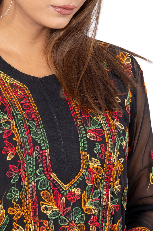 Fabnuma Handcrafted  Chikankari Georgette Black Kurti - Fabnuma