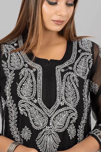 Fabnuma Handcrafted  Chikankar Black Georgette Kurti Designer Pattern - Fabnuma