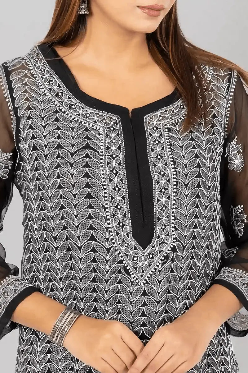 Fabnuma Handcrafted  Black Georgette Chikankari Kurti - Fabnuma