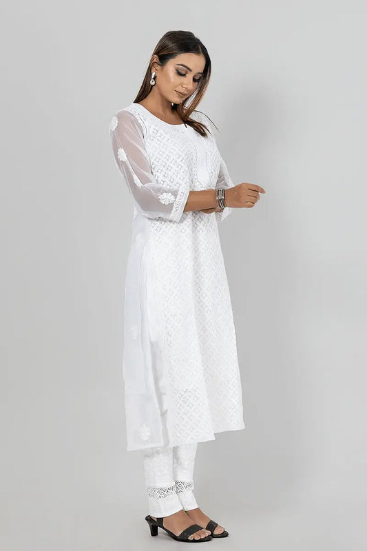 Memaana Handcrafted  Chikankari Kurti White Georgette Front Jaal - Memaana