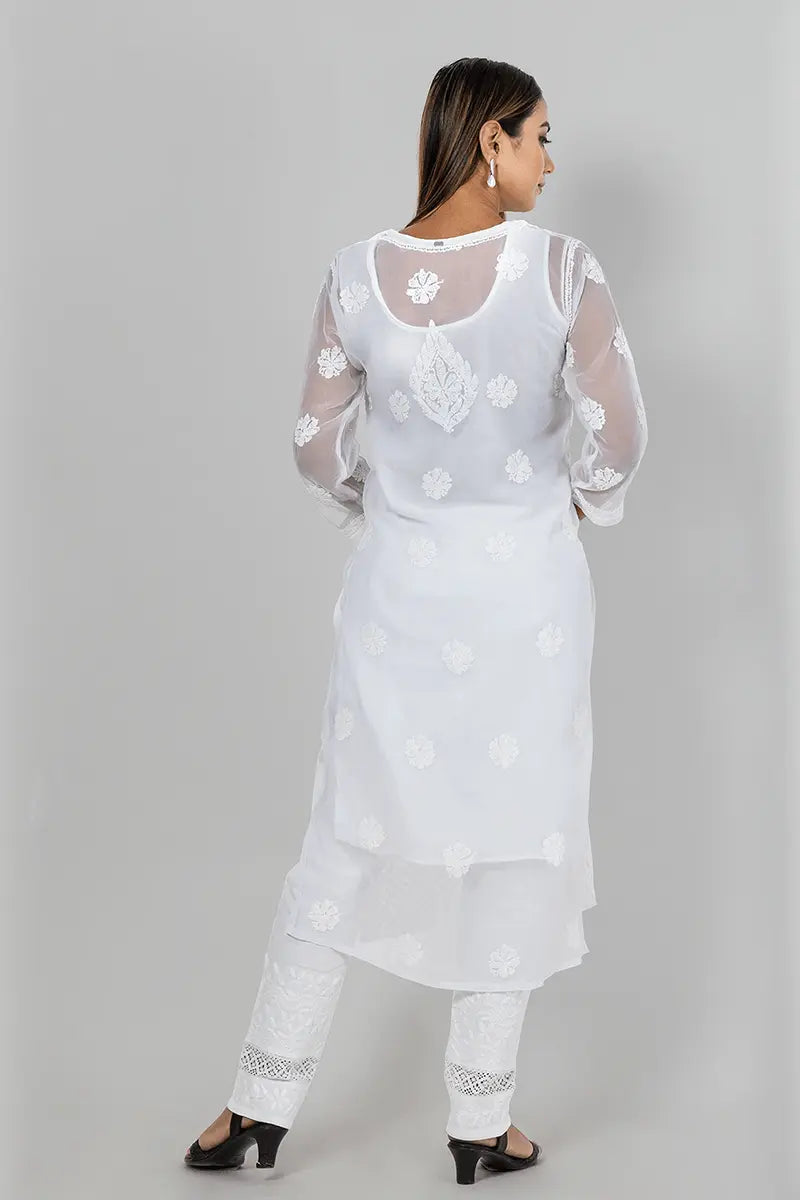 Memaana Handcrafted  Chikankari White Georgette Kurti - Memaana