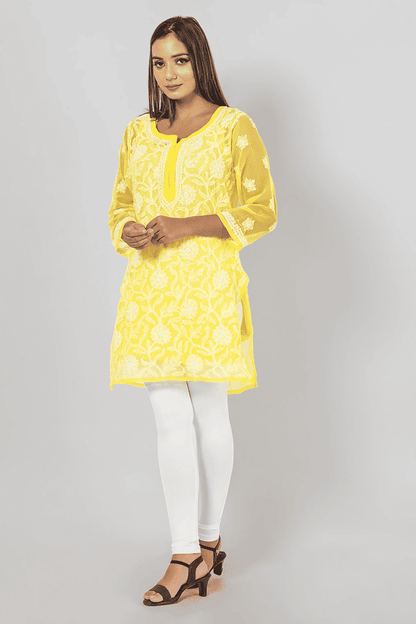 Fabnuma Handcrafted Chikankari Yellow Georgette Short Top with intricate embroidery and comfortable fit.