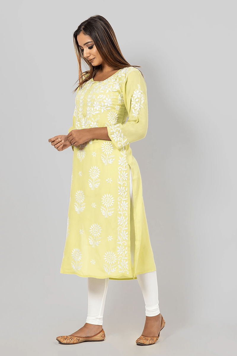 Fabnuma Handcrafted  Chikankari Lemon Rayon Cotton Kurti - Fabnuma