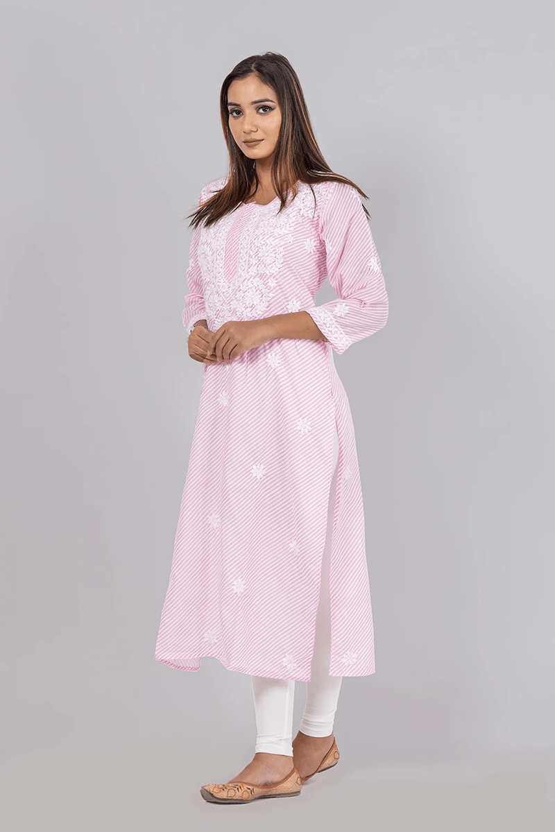 Fabnuma Handcrafted  Chikankari Baby Pink Cotton Kurti - Fabnuma