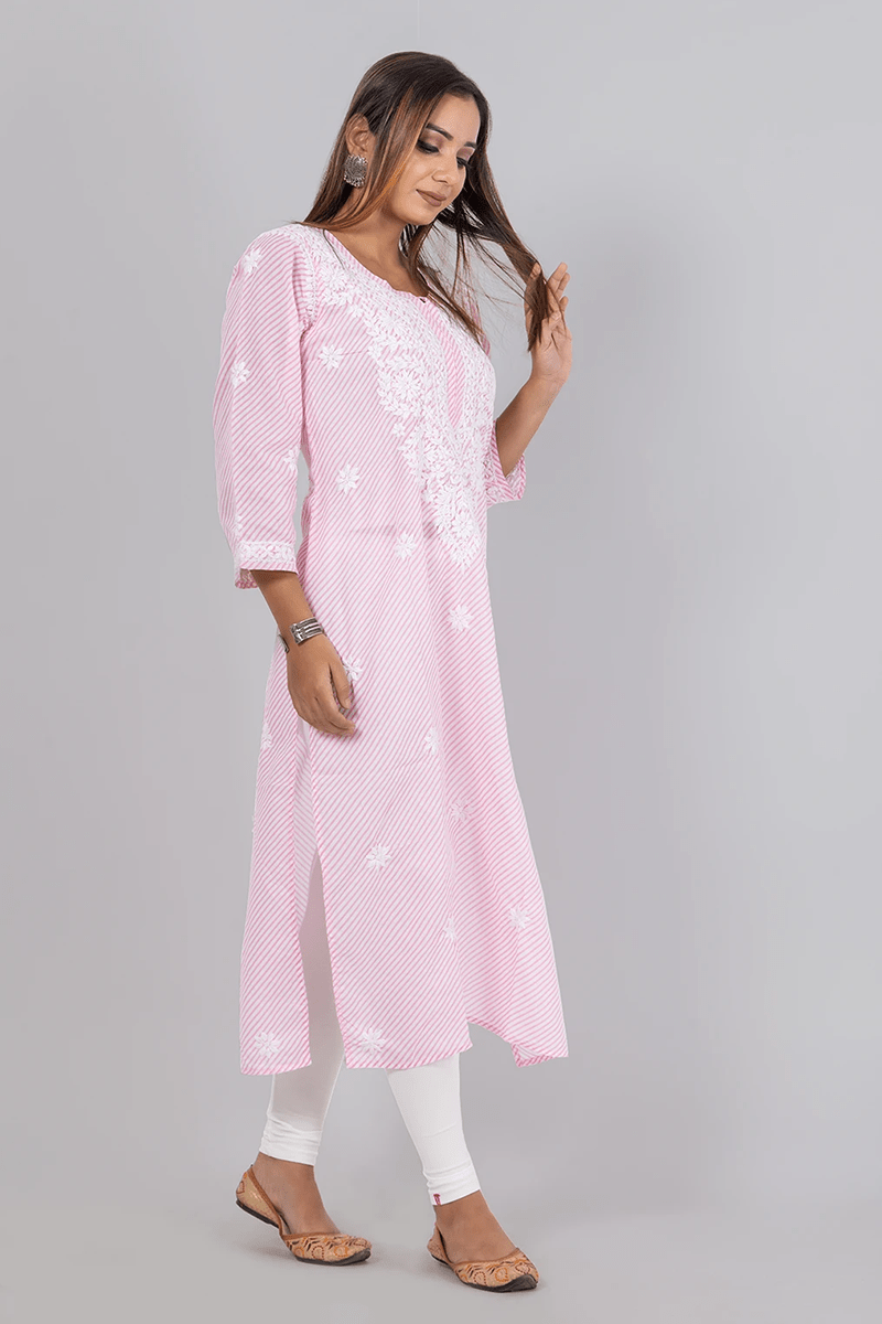 Fabnuma Handcrafted  Chikankari Baby Pink Cotton Kurti - Fabnuma