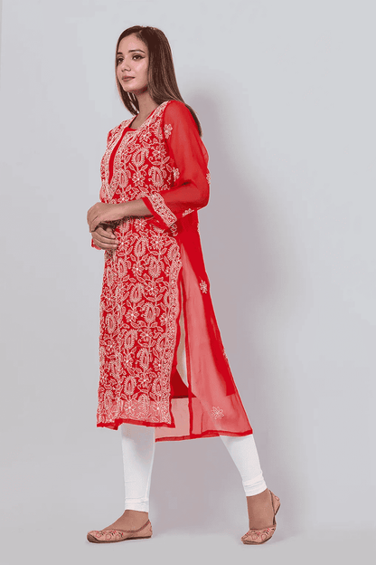 Fabnuma Handcrafted  Chikankari Red Georgette Kurti - Fabnuma