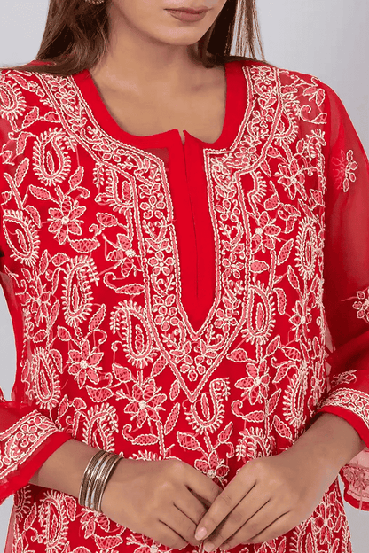 Fabnuma Handcrafted  Chikankari Red Georgette Kurti - Fabnuma