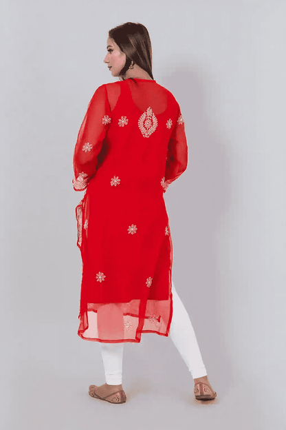 Fabnuma Handcrafted  Chikankari Red Georgette Kurti - Fabnuma