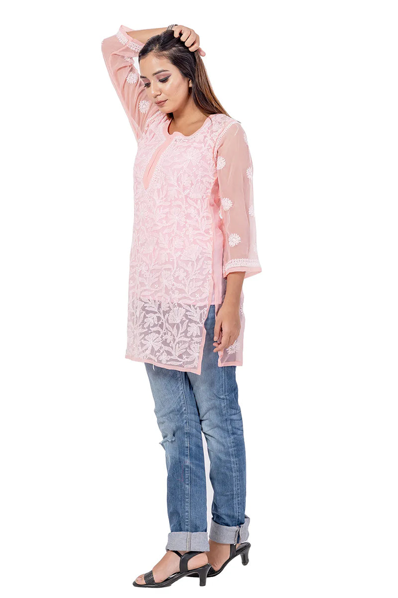 Fabnuma Handcrafted  Chikankari Peach Georgette Short Kurti - Fabnuma