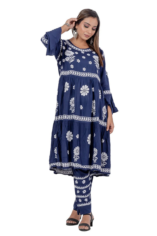 Fabnuma Handcrafted Blue Rayon Cotton Chikankari A-Line Kurta Bottom Set - Fabnuma