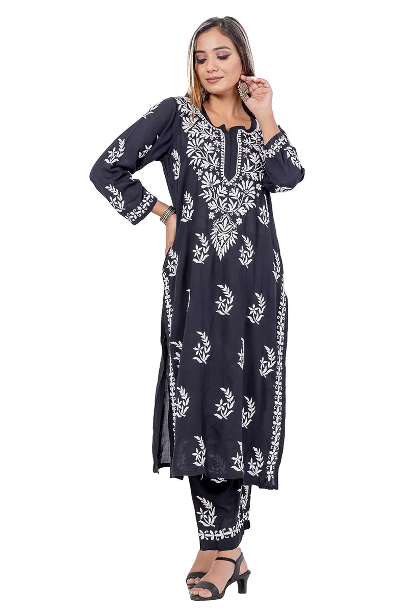 Fabnuma Handcrafted Black Rayon Cotton Chikankari Kurta Bottom Set - Fabnuma