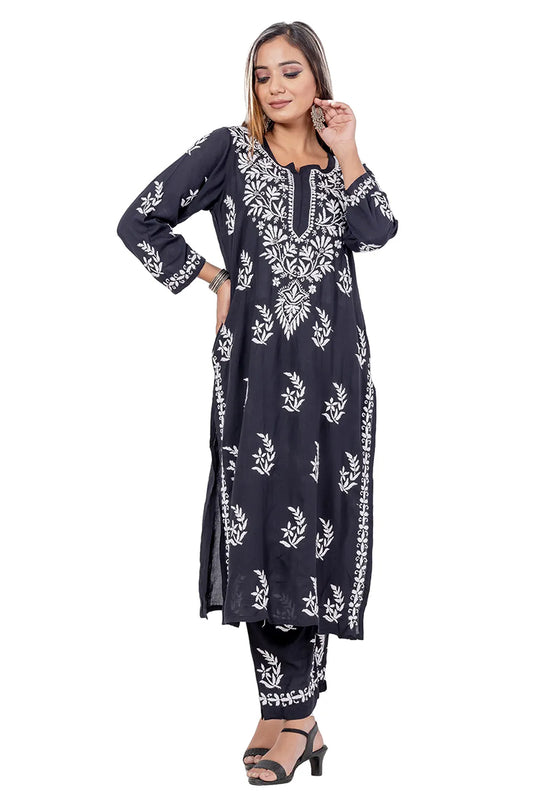 Fabnuma Handcrafted Black Rayon Cotton Chikankari Kurta Bottom Set - Fabnuma
