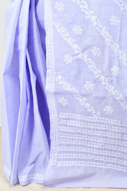 Lavender Cotton saree with hand-embroidered Lucknowi Chikankari and matching blouse – handcrafted ethnic saree by MeMaana