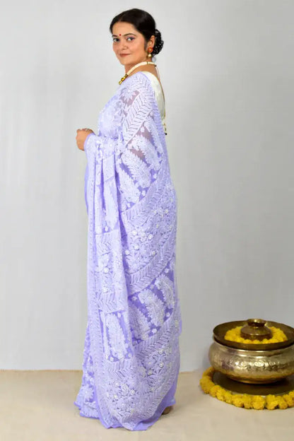 Lavender Georgette saree with allover hand-embroidered Lucknowi Chikankari and matching blouse – handcrafted ethnic saree by MeMaana