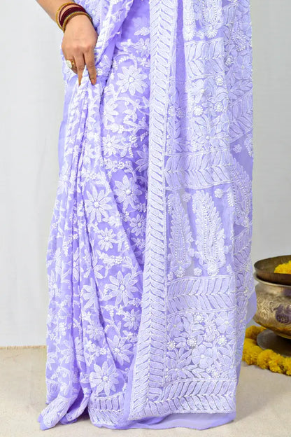 Lavender Georgette saree with allover hand-embroidered Lucknowi Chikankari and matching blouse – handcrafted ethnic saree by MeMaana