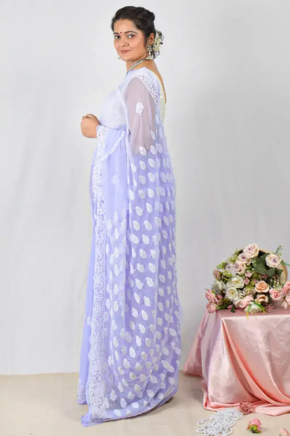 Lavender georgette saree with hand-embroidered Lucknowi Chikankari and matching blouse – handcrafted designer ethnic saree by Fabnuma
