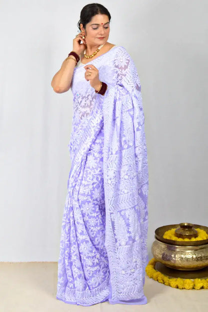 Lavender Georgette saree with allover hand-embroidered Lucknowi Chikankari and matching blouse – handcrafted ethnic saree by MeMaana