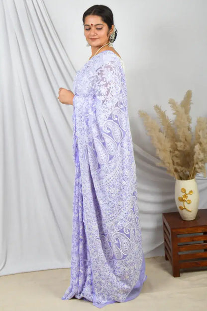 Fabnuma Handcrafted Lavender Allover Georgette Lucknowi Chikankari Saree with Blouse.