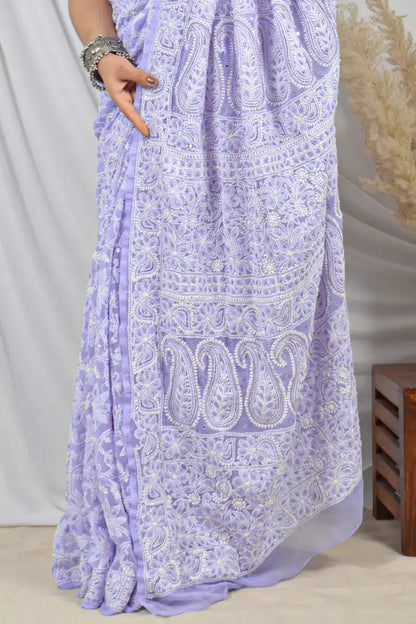 Fabnuma Handcrafted Lavender Allover Georgette Lucknowi Chikankari Saree with Blouse.