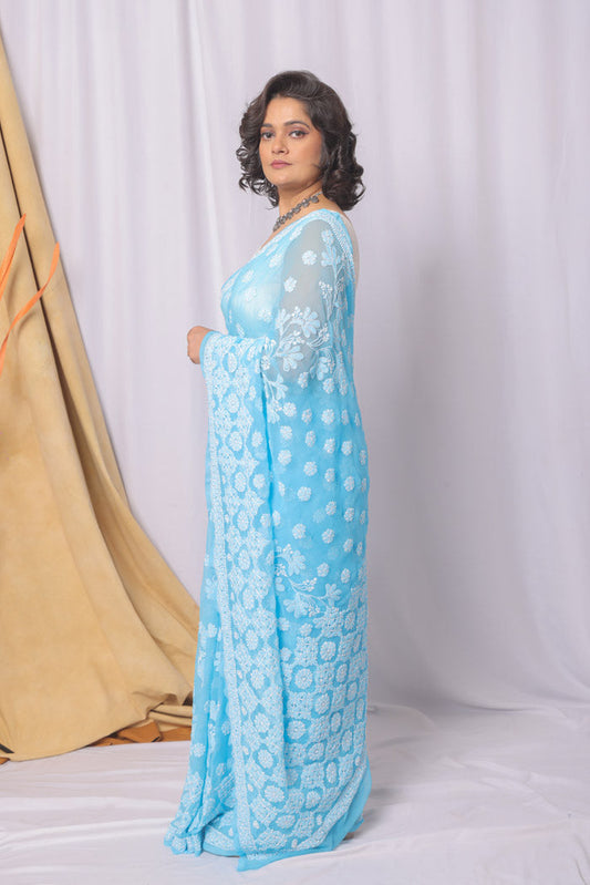 MeMaana Handcrafted Sky Blue Georgette Chikankari Saree-Blouse MeMaana