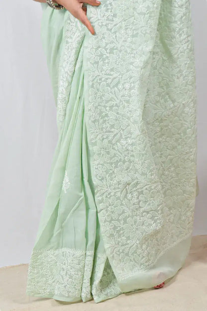 Green Cotton saree with Lucknowi Chikankari embroidery and unstitched blouse – handcrafted festive wear by Fabnuma