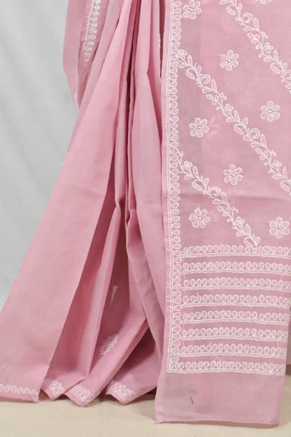 Handcrafted Onion Pink Cotton Designer Saree with intricate Lucknowi Chikankari Embroidery ,With a matching Blouse ideal for Festive and wedding occasions