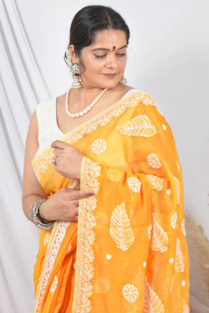 Fabnuma Handcrafted Orange Chanderi Lucknowi Chikankari Saree with Blouse Lucknowi Chikankari