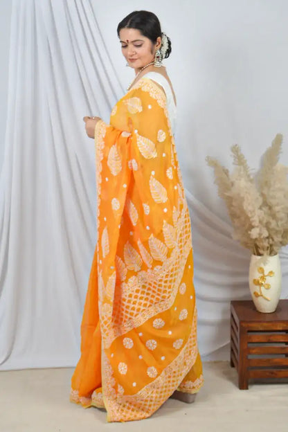 Fabnuma Handcrafted Orange Chanderi Lucknowi Chikankari Saree with Blouse Lucknowi Chikankari