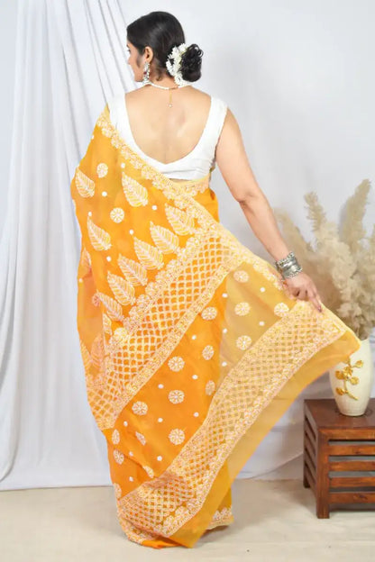 Fabnuma Handcrafted Orange Chanderi Lucknowi Chikankari Saree with Blouse Lucknowi Chikankari